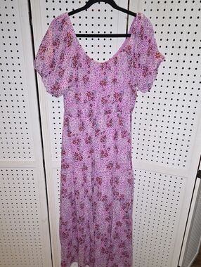 Draper James Lavender Floral Maxi Dress with Puff Sleeves Flower Tired L